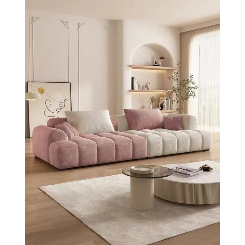 Cheese Cube Cream Style Fabric Sofa Living Room Sofa Living Room Bedroom Simple Sofa (96 X 220 Cm, Rice White Pink)