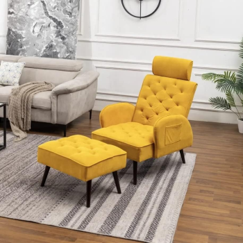 Italy Style Home Office Luxury Executive Modern Leisure Sofa Set Living Room Sofa Single Seat Recliner Sofa With Footstool (Yellow)