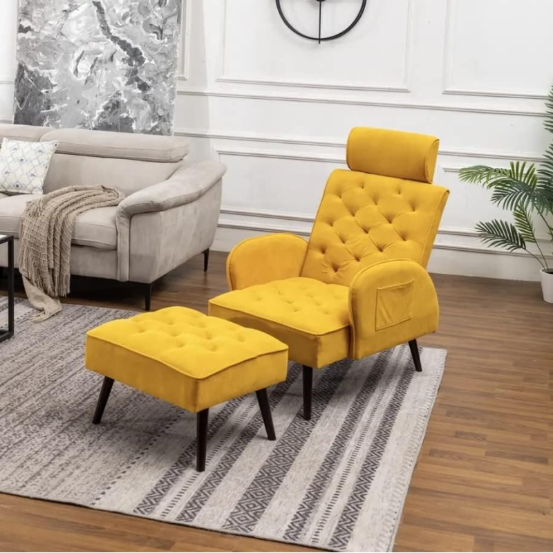 Italy Style Home Office Luxury Executive Modern Leisure Sofa Set Living Room Sofa Single Seat Recliner Sofa With Footstool (Yellow)