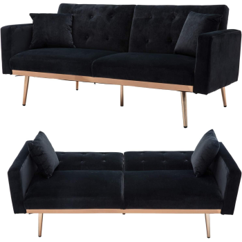 Light Luxury Velvet Convertible Modern Sofa Cum Bed (Black)