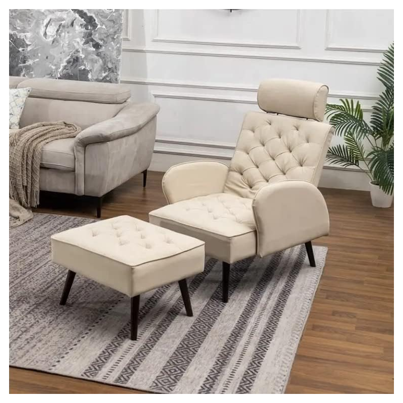 Italy Style Home Office Luxury Executive Modern Leisure Sofa Set Living Room Sofa Single Seat Recliner Sofa With Footstool (Beige)