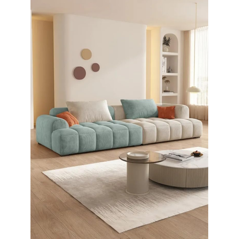 Cheese Cube Cream Style Fabric Sofa Living Room Sofa Living Room Bedroom Simple Sofa (96 X 320 Cm, Rice White Green)