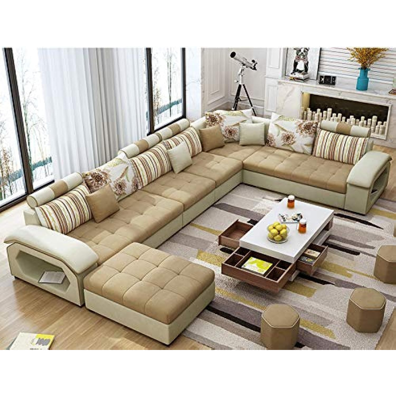 Modern Couch U Shaped Fabric Living Room Furniture Chaise Lounge Recliner Sectional L Shape Corner Sofa Sets (Cream)