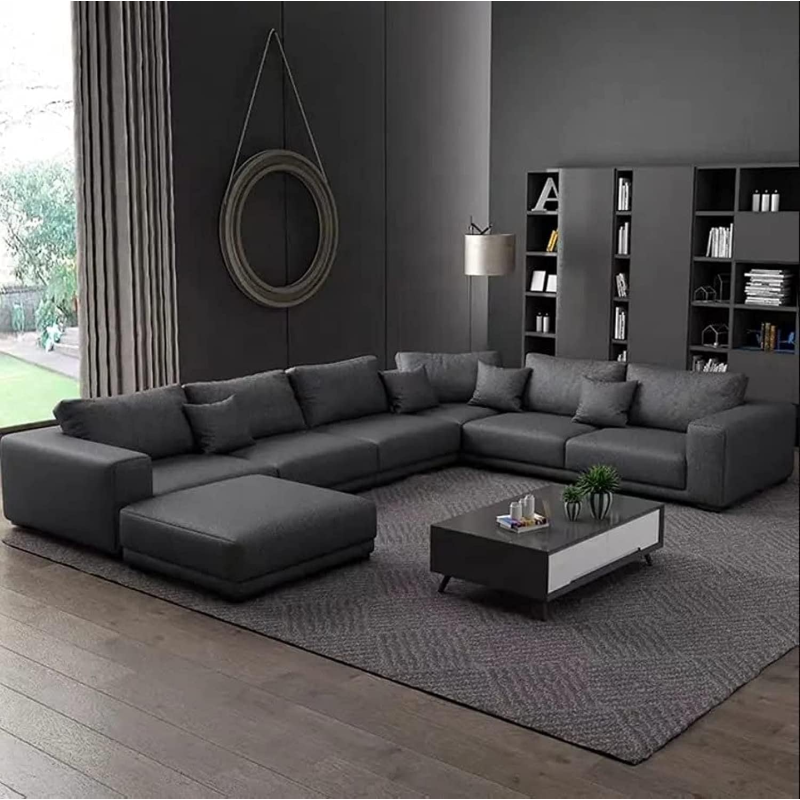 Latest Wooden Furniture Designs U Shaped Sectional Sofa Living Room L Shape Leather Sofa Set Furniture (Black)