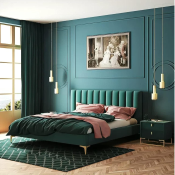 Nordic Simple Master King Size Bed Young Luxury Fabric Bed Bedroom Furniture Sets (Green)