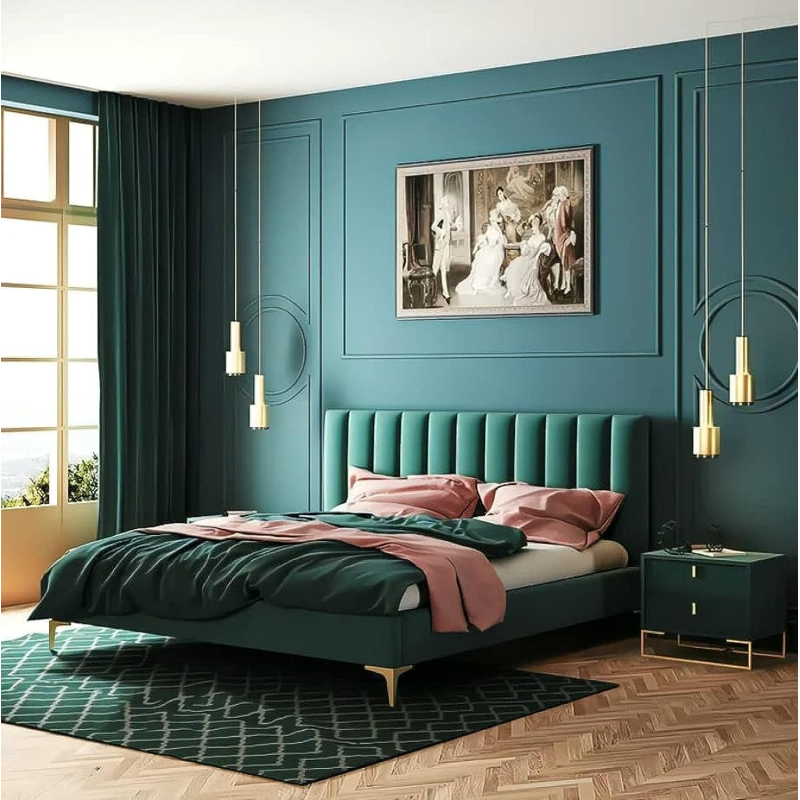 Nordic Simple Master King Size Bed Young Luxury Fabric Bed Bedroom Furniture Sets (Green)