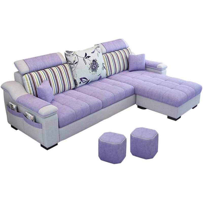 L Shape Sofa 3 Seat Linen Living Room Sofa Set Home Furniture Modern Design Frame Soft Sponge Shape Home Furniture(Foot Ped + 2 Cloth Stool),A