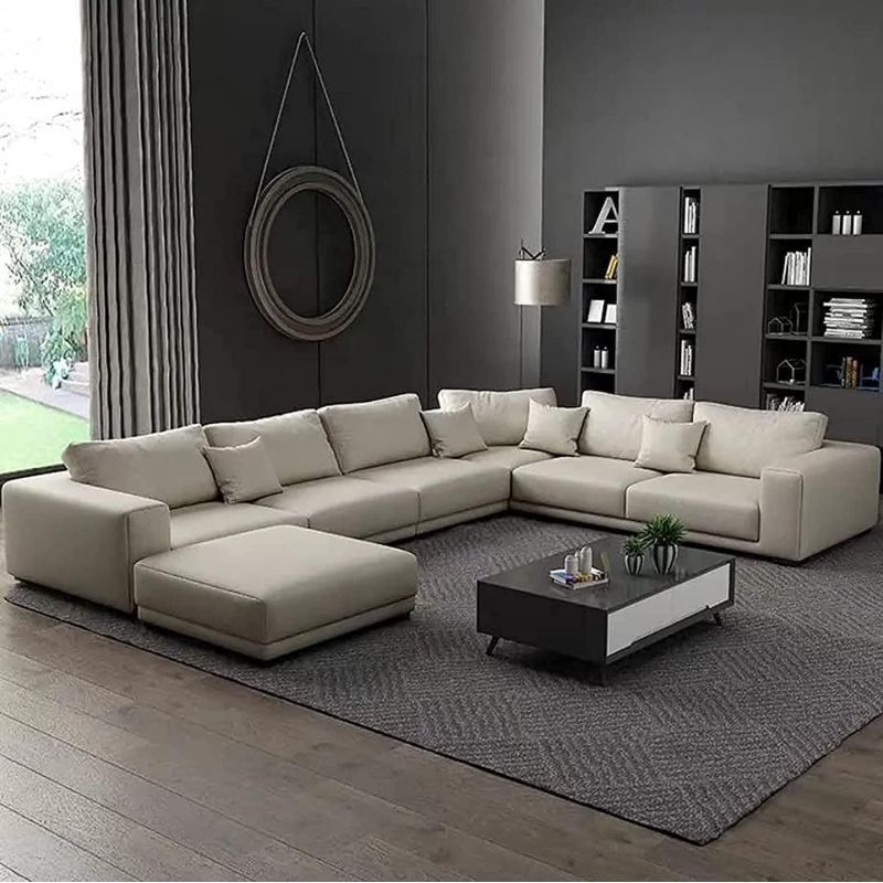 Latest Wooden Furniture Designs U Shaped Sectional Sofa Living Room L Shape Leather Sofa Set Furniture (Beige)