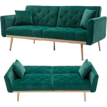 Light Luxury Velvet Convertible Modern Sofa Cum Bed (Dark Green)