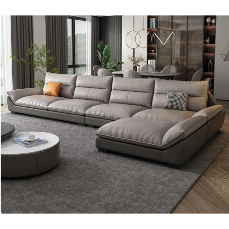 Overstuffed Multifunction Wooden Frame Furniture Sofa Living Room Set Pu Leather (330Cm0X165Cm+120Cm+80Cm, Dark Grey + Light Grey)