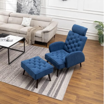 Italy Style Home Office Luxury Executive Modern Leisure Sofa Set Living Room Sofa Single Seat Recliner Sofa With Footstool (Blue)