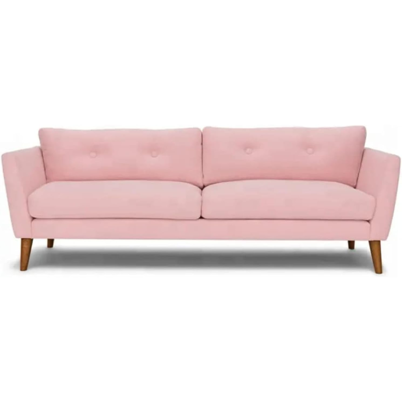 Modern Upholstered Fabric Home + Office Sofa Modern Lounge Spot Contemporary Style Couch Cherry-Stained Wood Legs 3 Seater (Pink)