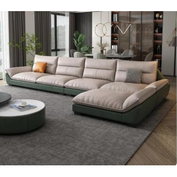 Overstuffed Multifunction Wooden Frame Furniture Sofa Living Room Set Pu Leather (330Cmx165Cm, Green+Beige)