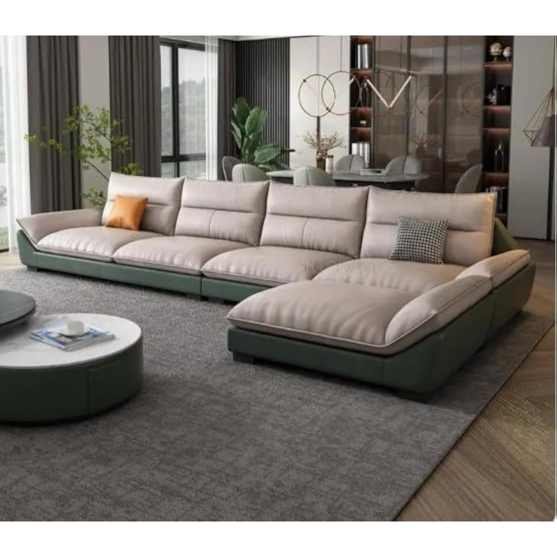 Overstuffed Multifunction Wooden Frame Furniture Sofa Living Room Set Pu Leather (330Cmx165Cm, Green+Beige)