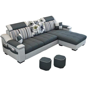 L Shape Sofa 3 Seat Linen Living Room Sofa Set Home Furniture Modern Design Frame Soft Sponge Shape Home Furniture(Foot Ped + 2 Cloth Stool),E