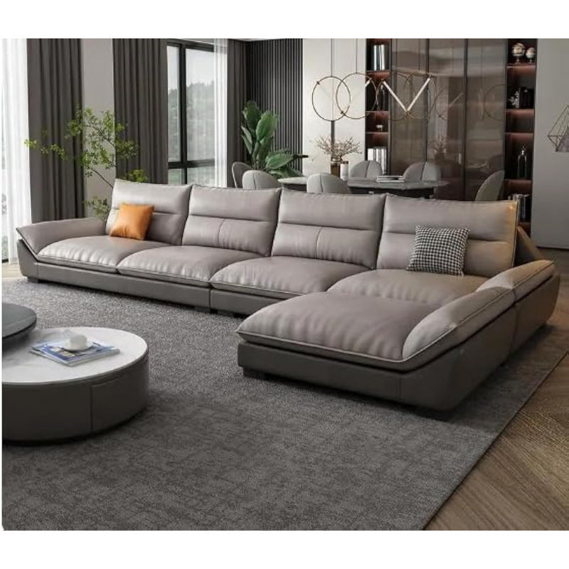 Overstuffed Multifunction Wooden Frame Furniture Sofa Living Room Set Pu Leather (330Cmx165Cm, Dark Grey + Light Grey)