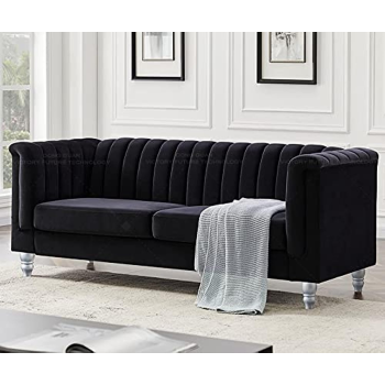 Luxury Design European Style Living Room Sofa Set Furniture Design Modern Velvet Fabric 3 Seater Sofa (Black)