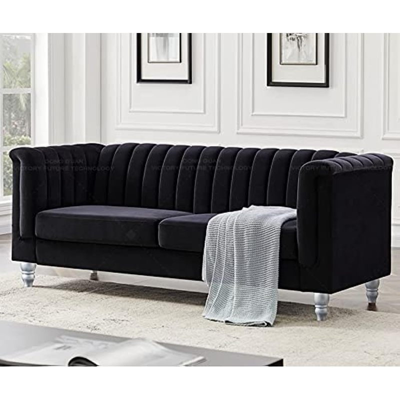 Luxury Design European Style Living Room Sofa Set Furniture Design Modern Velvet Fabric 3 Seater Sofa (Black)