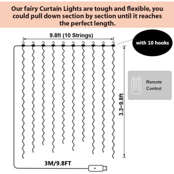 300 LEDS Twinkle Lights Decorations, 9.8FT Outdoor Curtain Fairy String Lights with Remote 8 Modes for Wedding Party Home Garden Bedroom Wall Decorations, Warm White