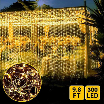 300 LEDS Twinkle Lights Decorations, 9.8FT Outdoor Curtain Fairy String Lights with Remote 8 Modes for Wedding Party Home Garden Bedroom Wall Decorations, Warm White
