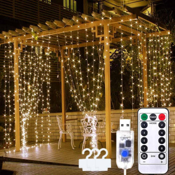 300 LEDS Twinkle Lights Decorations, 9.8FT Outdoor Curtain Fairy String Lights with Remote 8 Modes for Wedding Party Home Garden Bedroom Wall Decorations, Warm White