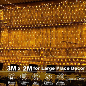 HJB VISSO Net Lights Outdoor Mesh Lights 3M x 2M 204 LED Wedding Lights, Waterproof Net Lights for Party, Garden, Patio, Backyard, Bush, Fence, Wall, Ramadan, Diwali, Christmas, Holiday Decoration