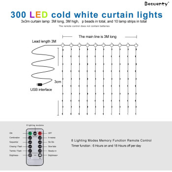 Beauenty Window Curtain String Light 300 LED 8 Lighting Modes USB Powered Waterproof Fairy String Lights Wedding Party Home Garden Bedroom Outdoor Indoor Wall Christmas Decorations (Multicolor)