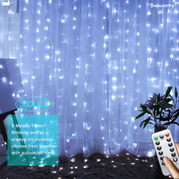 Beauenty Window Curtain String Light 300 LED 8 Lighting Modes USB Powered Waterproof Fairy String Lights Wedding Party Home Garden Bedroom Outdoor Indoor Wall Christmas Decorations (Cold White)
