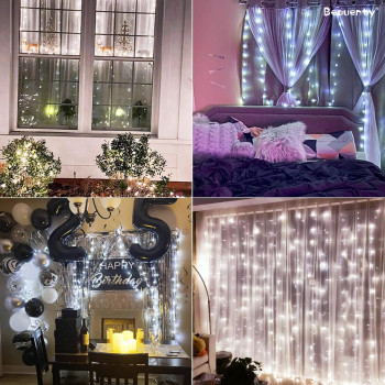 Beauenty Window Curtain String Light 300 LED 8 Lighting Modes USB Powered Waterproof Fairy String Lights Wedding Party Home Garden Bedroom Outdoor Indoor Wall Christmas Decorations (Cold White)