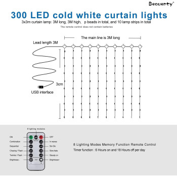 Beauenty Window Curtain String Light 300 LED 8 Lighting Modes USB Powered Waterproof Fairy String Lights Wedding Party Home Garden Bedroom Outdoor Indoor Wall Christmas Decorations (Cold White)