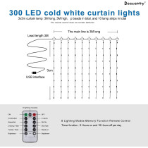 Beauenty Window Curtain String Light 300 LED 8 Lighting Modes USB Powered Waterproof Fairy String Lights Wedding Party Home Garden Bedroom Outdoor Indoor Wall Christmas Decorations (Cold White)