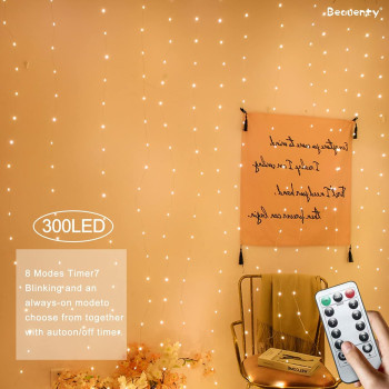 Beauenty Window Curtain String Light 300 LED 8 Modes USB Powered Waterproof Fairy String Lights Wedding Party Ramadan Home Garden Bedroom Outdoor Indoor Wall Christmas Decorations (Warm White)