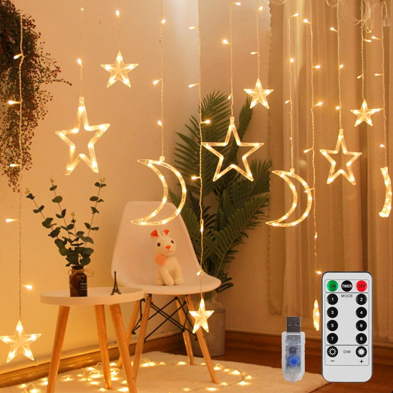 Beauenty Curtain String Ramadan Light LED 8 Lighting Modes USB Powered Waterproof String Lights Wedding Party Ramadan Home Garden Bedroom Outdoor Indoor Wall Decorations(c2)