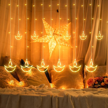 Diwali Lights Decorations for Home, 12 Hanging Diyas with 8 Flashing Modes Battery Box Powered and USB(Steady on only), Diwali Lights and Diyas for Diwali Wedding Party Bedroom Home Decor Warm White