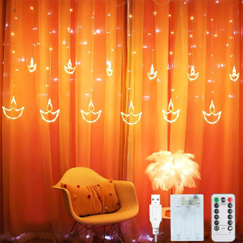 Diwali Lights Decorations for Home, 12 Hanging Diyas with 8 Flashing Modes Battery Box Powered and USB(Steady on only), Diwali Lights and Diyas for Diwali Wedding Party Bedroom Home Decor Warm White