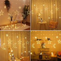 Tiokkss 3.5M Decorative Starry String Curtain Ramadan Lights Moons and Stars LED Night Light for Ramadan Home Decoration Party, USB and Battery Box Powered (Warm White)