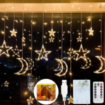 Tiokkss 3.5M Decorative Starry String Curtain Ramadan Lights Moons and Stars LED Night Light for Ramadan Home Decoration Party, USB and Battery Box Powered (Warm White)