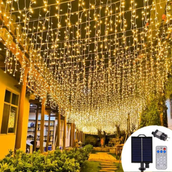 GGEROU Solar Icicle Christmas Lights,16.4ft 32Drops with 256LED Icicle String Light ,8 Lighting Modes Twinkle Waterproof Fairy String Lights for House Party Wedding Garden Patio Christmas Decorations