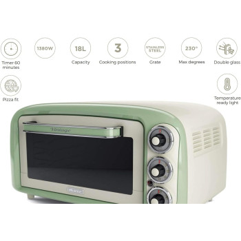 Ariete Mini Vintage Electric Oven, 1380W, 18L, 60Min Timer, 230 C Max Temp, Stainless Steel Grill, for Roasting Chicken and Baking Pizza, Pie, Cookies - Green ART979/04