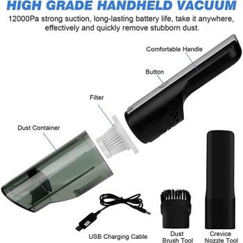 TDOO Cordless Handheld Vacuum Cleaner, 12000Pa Powerful Compact Lightweight Rechargeable Mini Hand Vacuum Cleaner 4000 mAh Lithium Battery Home, Car, Dust Cleaning and Pet Hair (Grey-A)