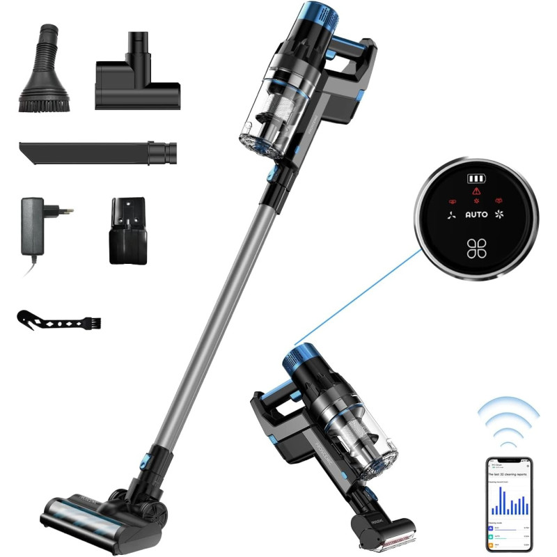 Proscenic P11 Smart Battery Vacuum Cleaner, 4-in-1 Vacuum Cleaner Wireless, 450W/30KPa Suction Power, Up to 60 Minutes Runtime, Pet Hair Brush Set, Smart App Display, 180 Adjustable