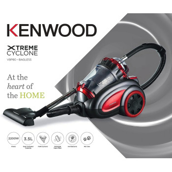 KENWOOD Vacuum Cleaner 2200W Multi Cyclonic Bagless Canister Vacuum Cleaner 3.5L with 5m Cable, VBP80.000RG Grey/Red