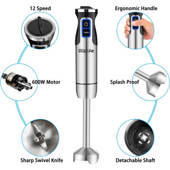 Miklife Hand Blender, Multifunctional 600W 4-in-1 Stick Mixer, 12-Speed, Stainless Steel, Titanium Plated Blade, includes 600ml Mixing Beaker, 860ml Chopper, Whisk Attachment