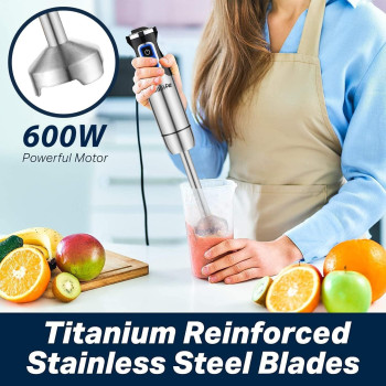 Miklife Hand Blender, Multifunctional 600W 4-in-1 Stick Mixer, 12-Speed, Stainless Steel, Titanium Plated Blade, includes 600ml Mixing Beaker, 860ml Chopper, Whisk Attachment