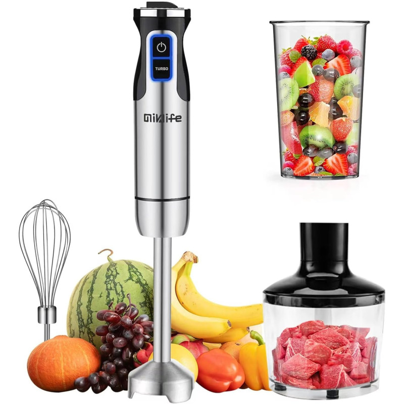 Miklife Hand Blender, Multifunctional 600W 4-in-1 Stick Mixer, 12-Speed, Stainless Steel, Titanium Plated Blade, includes 600ml Mixing Beaker, 860ml Chopper, Whisk Attachment