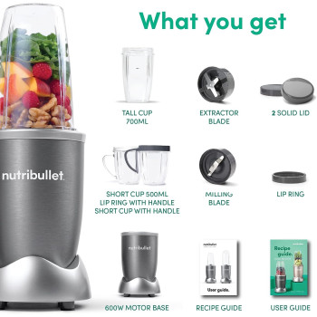 Nutribullet 600 Watts, 9pc Accessories, Multi-Function High Speed Blender, Mixer System With Nutrient Extractor, Smoothie Maker, Grey, NBR-1212M, 1-year limited warranty