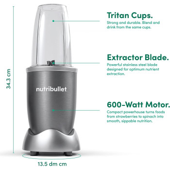 Nutribullet 600 Watts, 9pc Accessories, Multi-Function High Speed Blender, Mixer System With Nutrient Extractor, Smoothie Maker, Grey, NBR-1212M, 1-year limited warranty