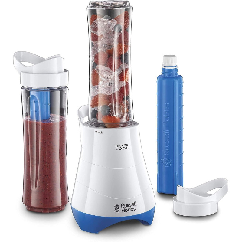 Russell Hobbs Portable Mix and Go Smoothie Maker Cool Personal Blender 300 Watts With 2 X 600 ML Drink Bottle And Lids, Ice Crush Function, Non-Slip Feet, Dishwasher Safe 21351 (White)