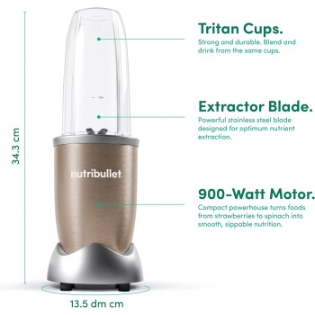 NutriBullet, 9 Piece Set, Multi-Function High Speed Blender, Mixer System With Nutrient Extractor, Smoothie Maker, Copper Gold, 900 Watts, Gold NB-201