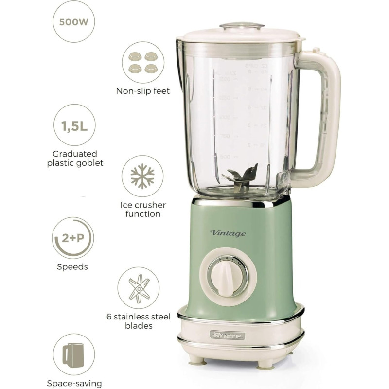 Ariete Vintage Blender 1.5L, 500W, Green - ART568GR